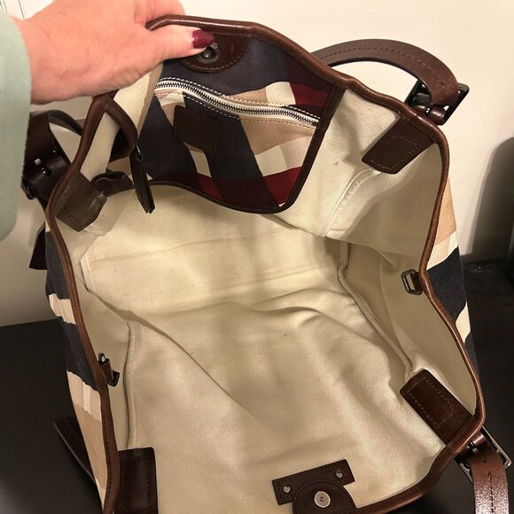 BURBERRY Mega Nova Check Large Canvas and Leather Handbag Cinch Shopper Tote - Picture 6 of 12